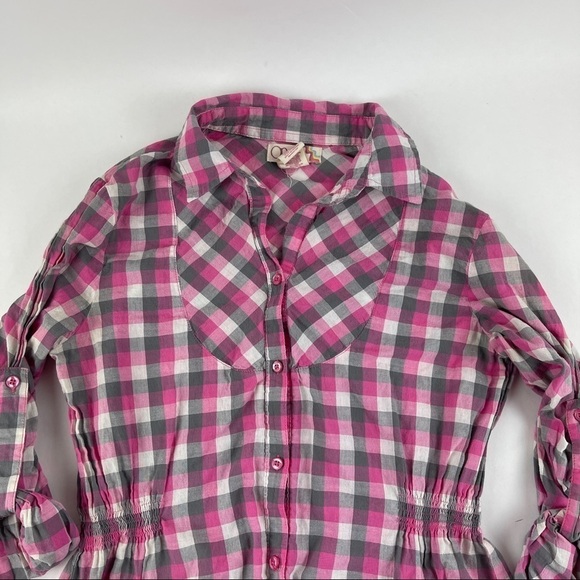 OP. Button Up Shirt Womens Medium Pink Plaid Roll Tab Sleeve Pleated - Picture 3 of 9